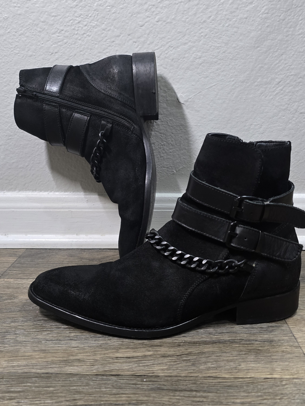 ALDO Men’s Size 7 Black Suede Moto Ankle Boots Chain Buckle Harness